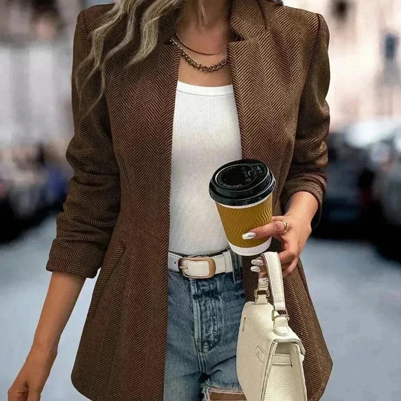 Coffee Brown Casual Women's Herringbone Pattern Long Sleeve Overcoat - Picture 5 of 7